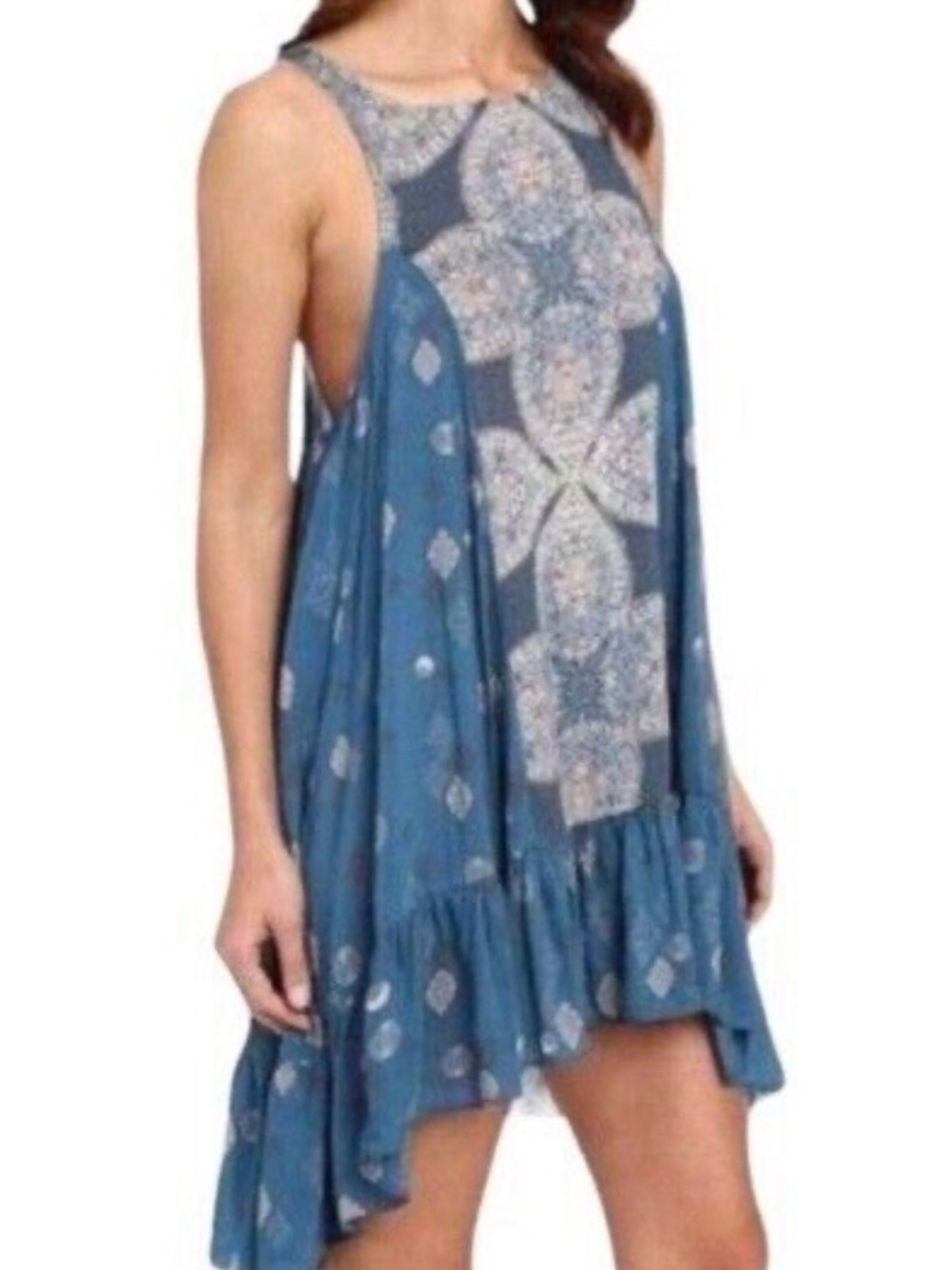 Free People Teal Blue Printed Boho tiered sleeveless mini dress